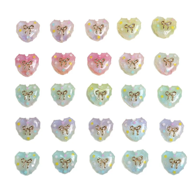 Min order 20pcs/lot 17mm bow core color print cartoon hearts shape resin straight hole beads diy jewelry accessory