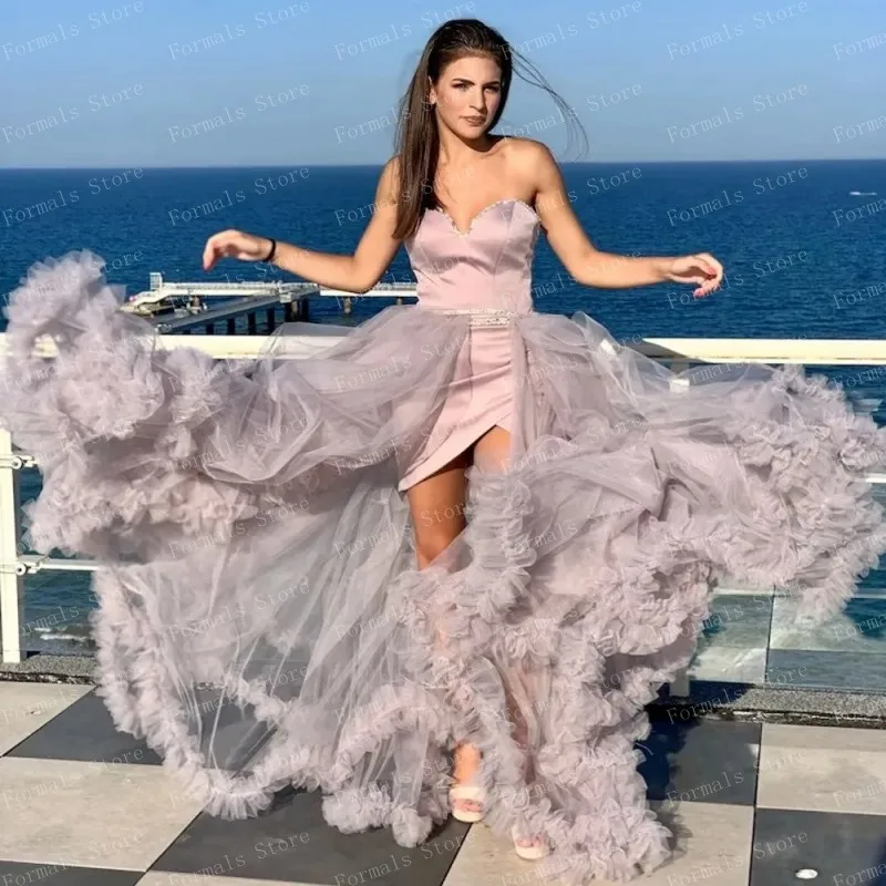 High Low Sequins Sweetheart Woman Clothes Custom Made See Through Detachable Train Ruffled Ever Pretty Dirty Pink Lace up Gowns