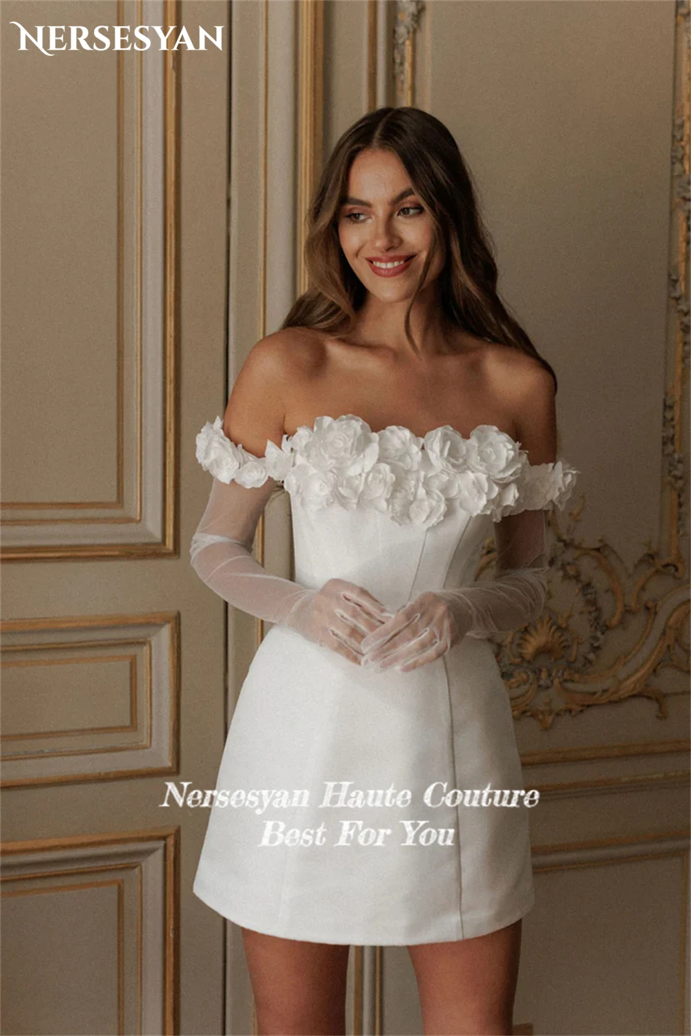 Nersesyan Vintage 3D Flowers Wedding Dresses Off Shoulder A-Line Mini Pure Bridal Gowns Backless Lace Up Back Bride Dress Satin