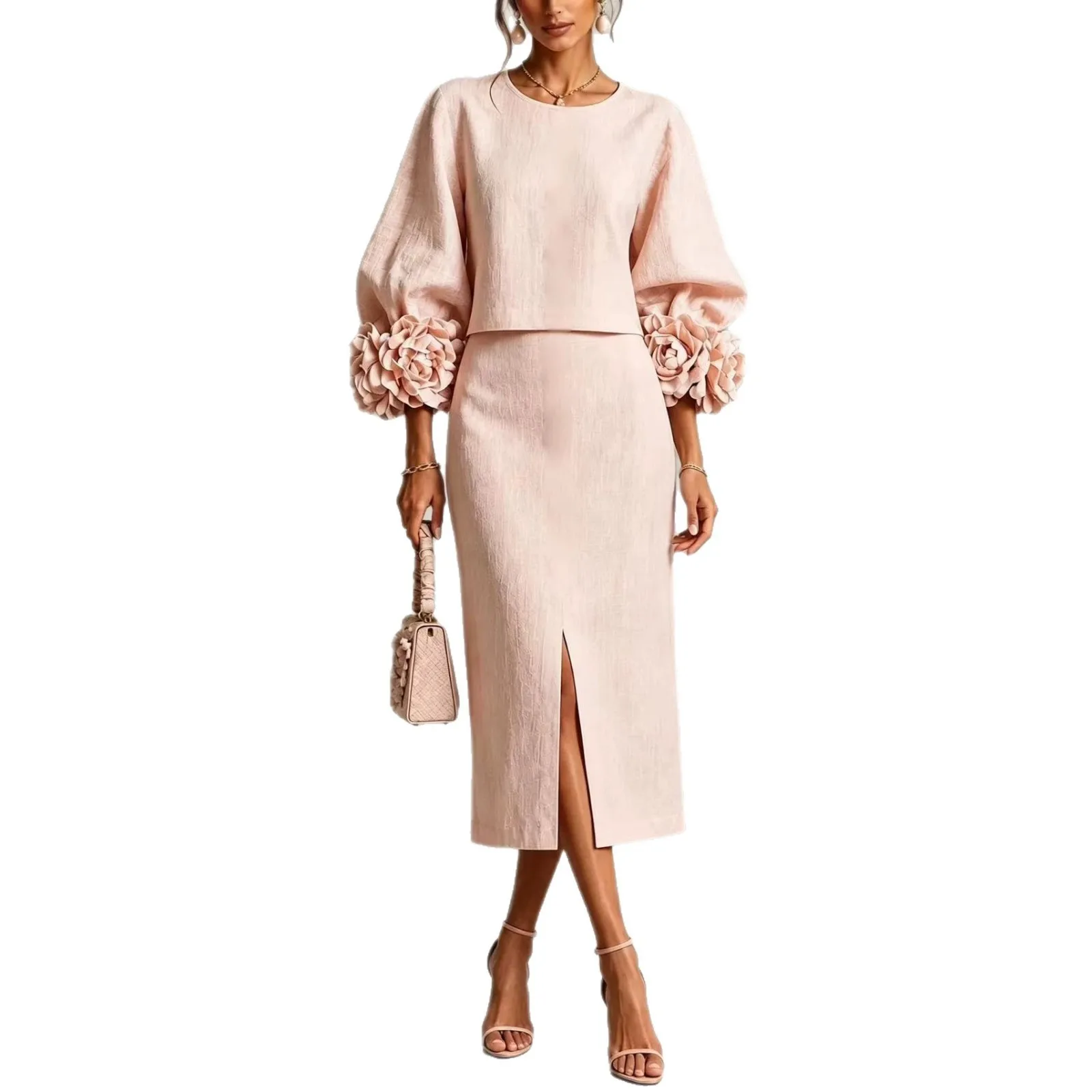 Two Set Cap Sleeve Regular Fit Graceful and Elegant with Bubble Sleeve Straight Skirt Sweet and Fresh Elegant Women Sets