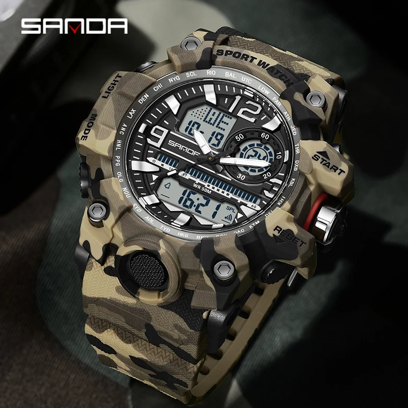 SANDA G style Men Outdoor Sports LED Digital Watch Double Display Quartz Watch Waterproof Camo Military Timing Men\'s Wrist watch