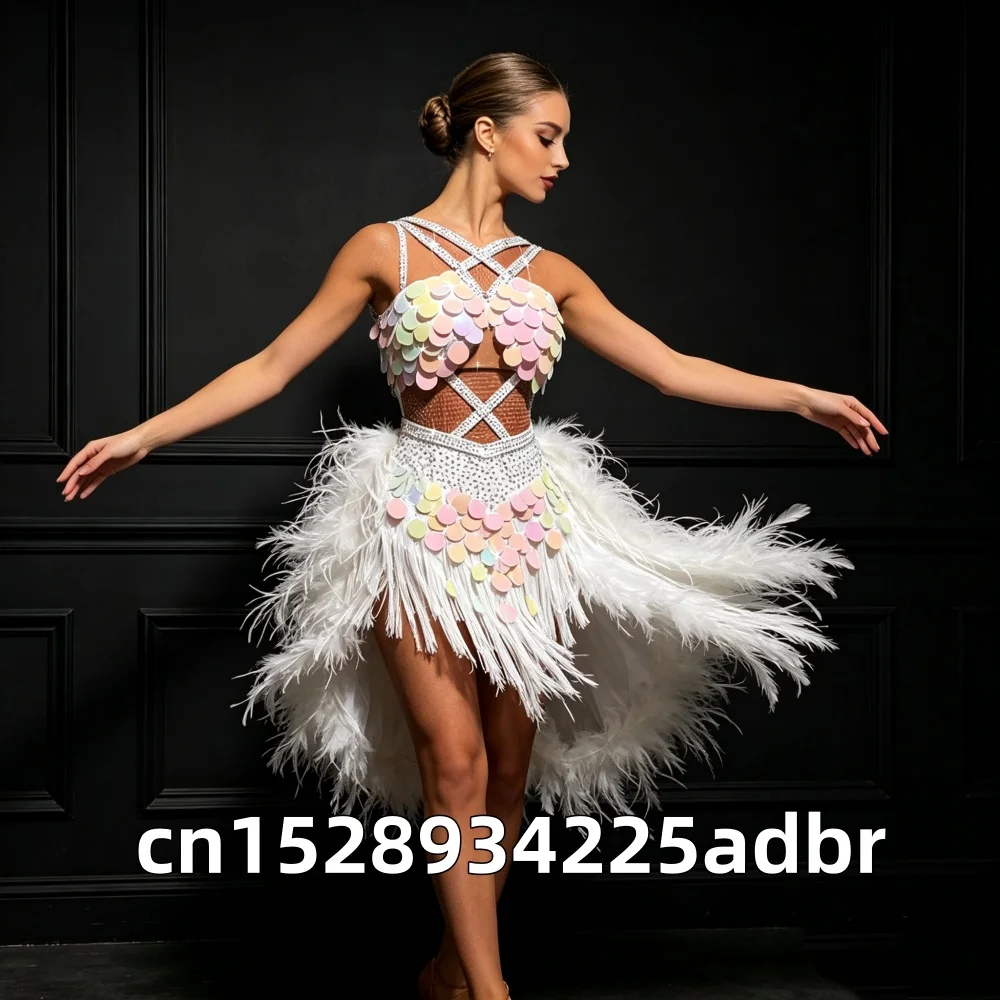 Summer New Latin Dance Performance Competition Show White Feather Mermaid Sequins Flash Diamond Dance Dress