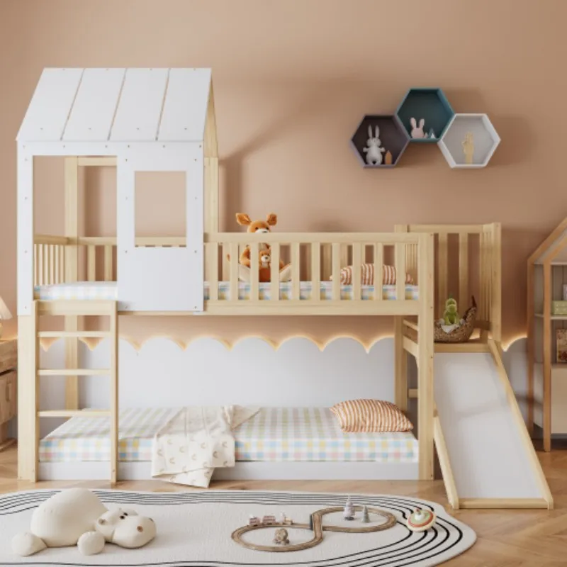 Wooden bed, High sleeper bed, With fun slides,Beautiful roof and windows,Under-bed storage space,Pine+MDF+Plywood