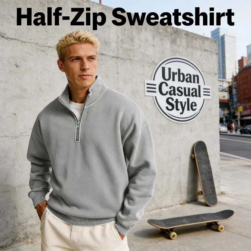 

2026 New Men's Hoodie Loose Trendy Long Sleeve Stand Collar Half-Zip Sweatshirt