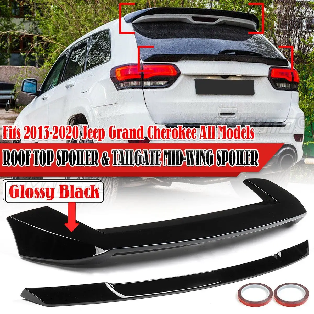 

2pcs Car Rear Trunk Spoiler Lip + Rear Roof Spoiler Lip Wing For Jeep For Grand Cherokee 2013-2020 R Style Tail Gate Mid Wing