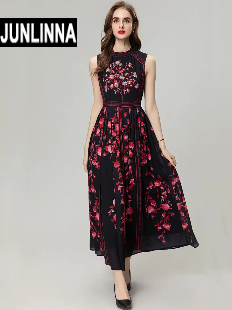 

JUNLINNA Fashion Elegant Party Dress Summer Women Flower Printing and Beading High Street Vestidos Sleeveless