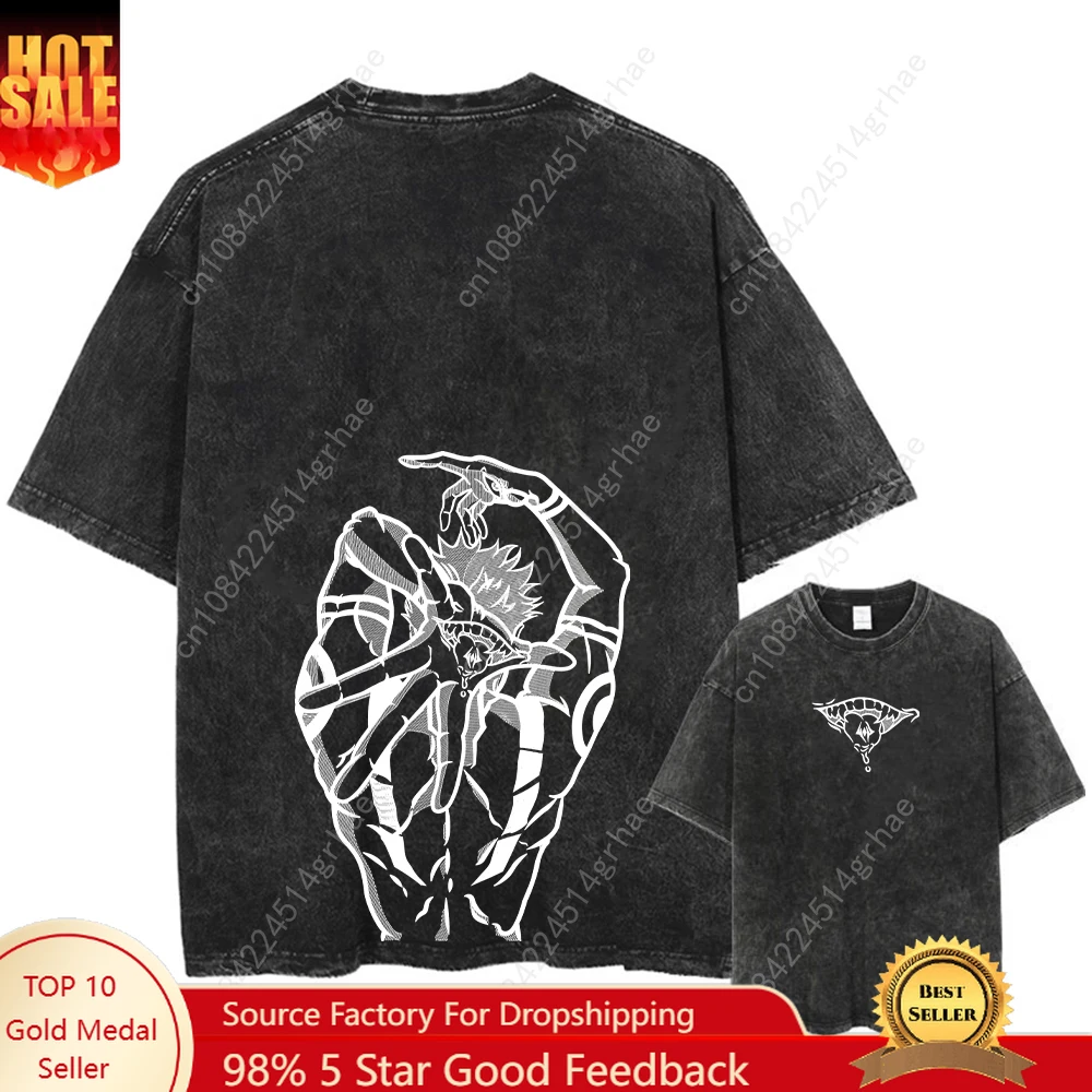 

Anime Printed Streetwear Vintage Washed T-shirt Men Harajuku Manga Graphic Print Gojo Acid Wash Tops Tee Shirt Oversized