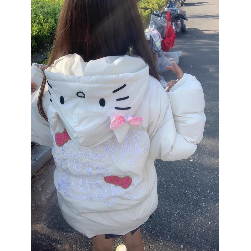 Kurtka damska Hello Kitty, słodka, urocza, haftowana, bawełniana, zimowa, nowa, biała, modna, codzienna, gruba, ciepła, studencka, z kapturem.