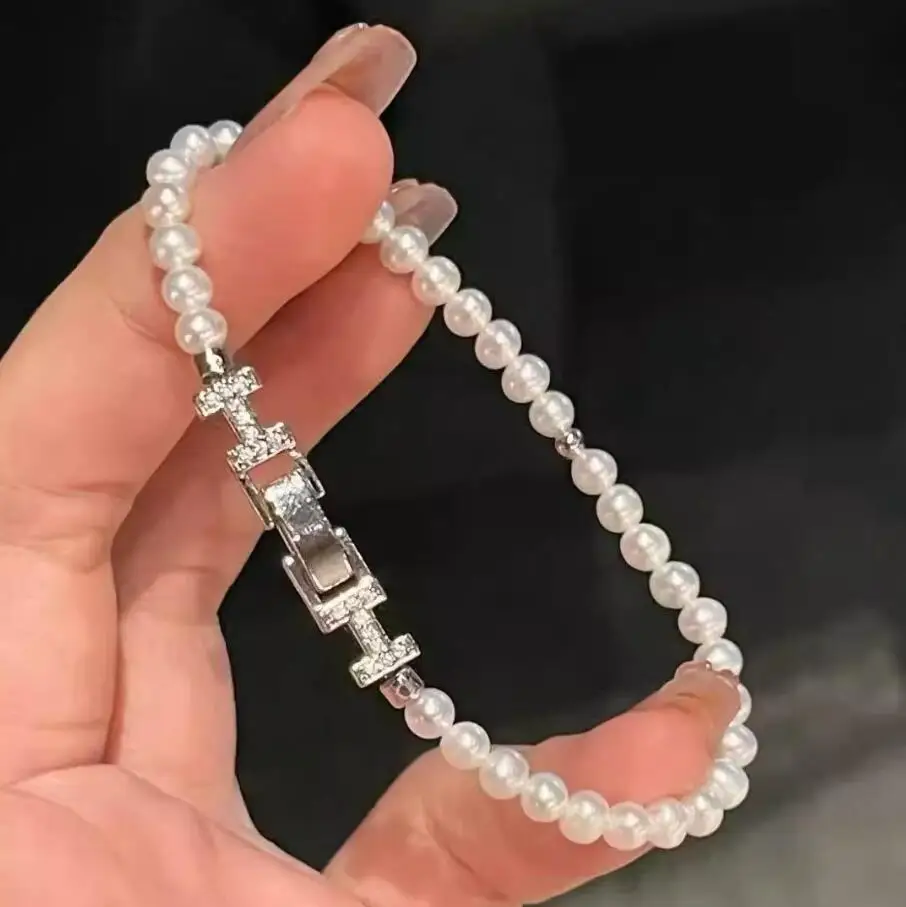 

7.5-8" Stunning 5- 6mm natural Japanese Akoya white golden pearl bracelet slave bracelet jewelry charm bracelet