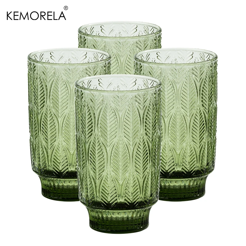 4PCS 440ML Retro Leaf Pattern Glass Cups Suitable Drinking Iced Americano Fruit Bubble Water Juice Whiskey Cocktail Beer Glasses