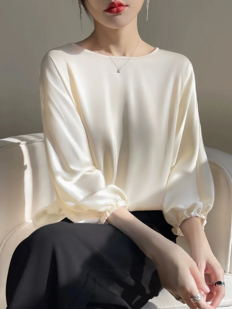 Silk Satin Women's T-Shirt Seven-Quarter Sleeve Drapey Summer Heavyweight True Silk Shirt Short Sleeve Smooth Top