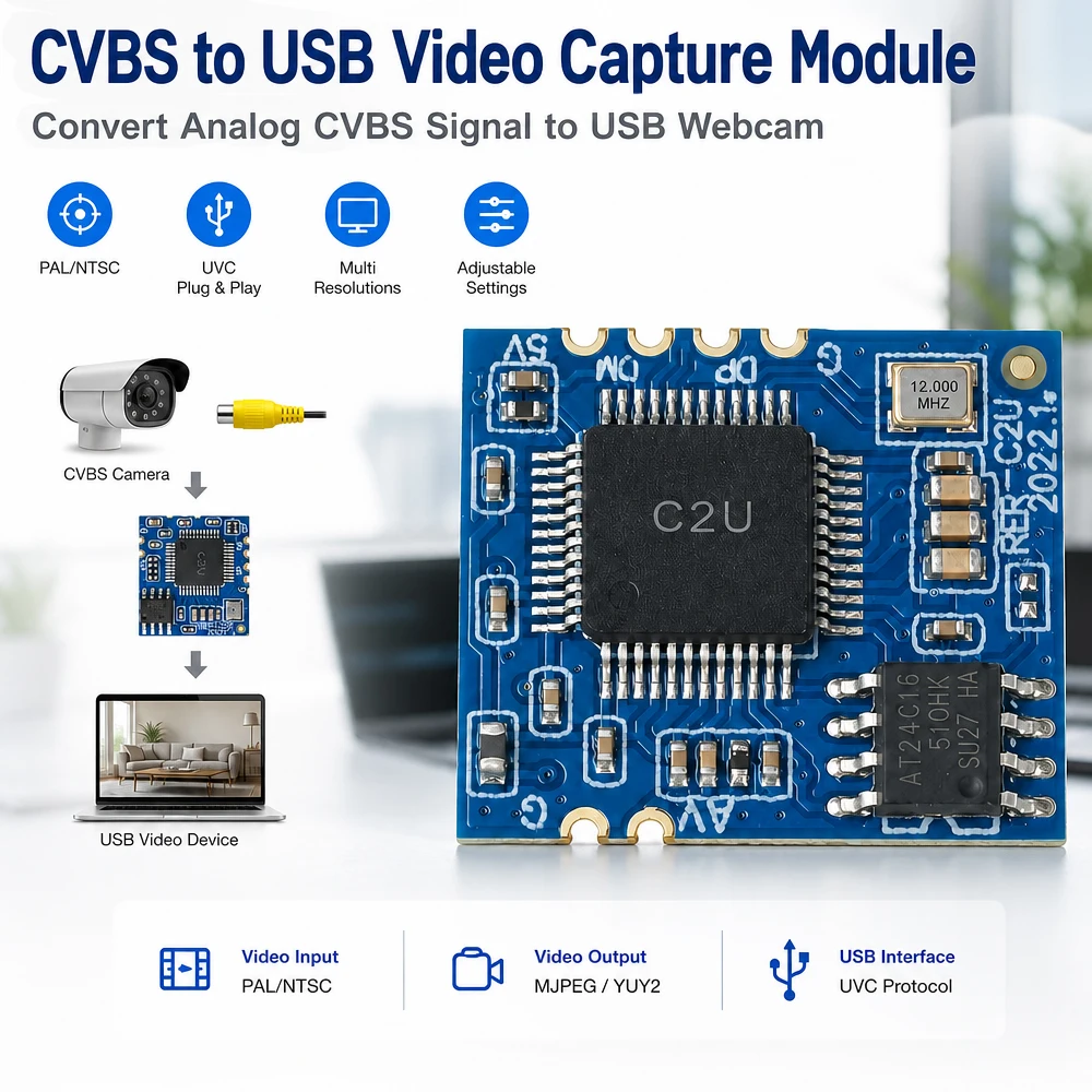 CVBS to USB Video Converter PAL NTSC Compatible UVC Driver-Free Module for Analog Cameras Old VCRs DVD Players