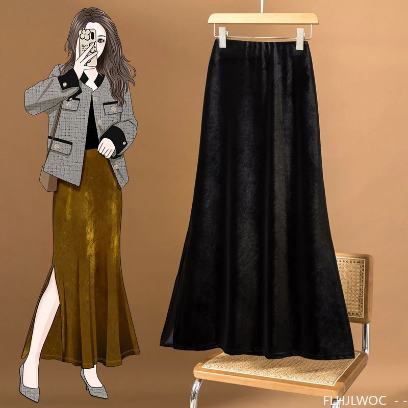 بلينغ برايت حورية البحر المخملية التنانير الكورية نمط مثالية للتخسيس تشكيل امرأة الخريف عالية الخصر مثير طويل سبليت ماكسي التنانير