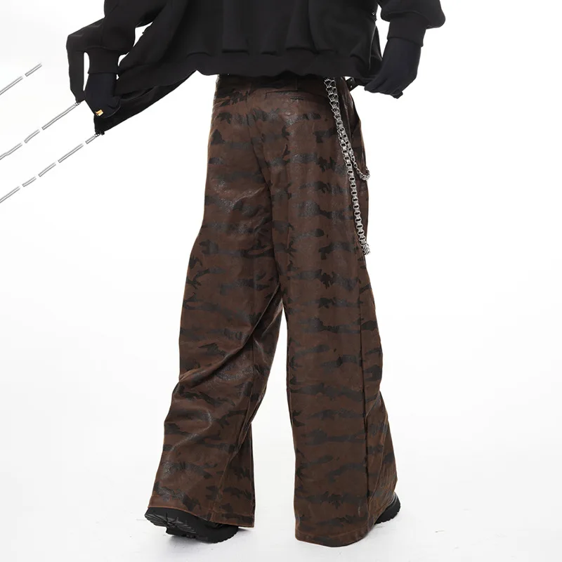 MWJLPWQ Autunno Decostruito Pieghettato Camouflage Cargo Jeans da Uomo High Street Niched Design Autunno Trendy Pantaloni a Gamba Larga 11810