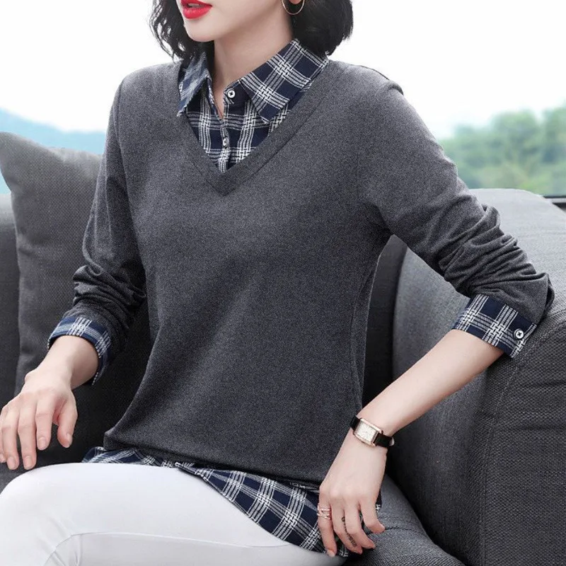 New Korean Plaid Patchwork Pullover Basic Tunic Ladies Tops Autumn Casual Slim Long Sleeve Elegant Cotton T Shirt Women Clothing