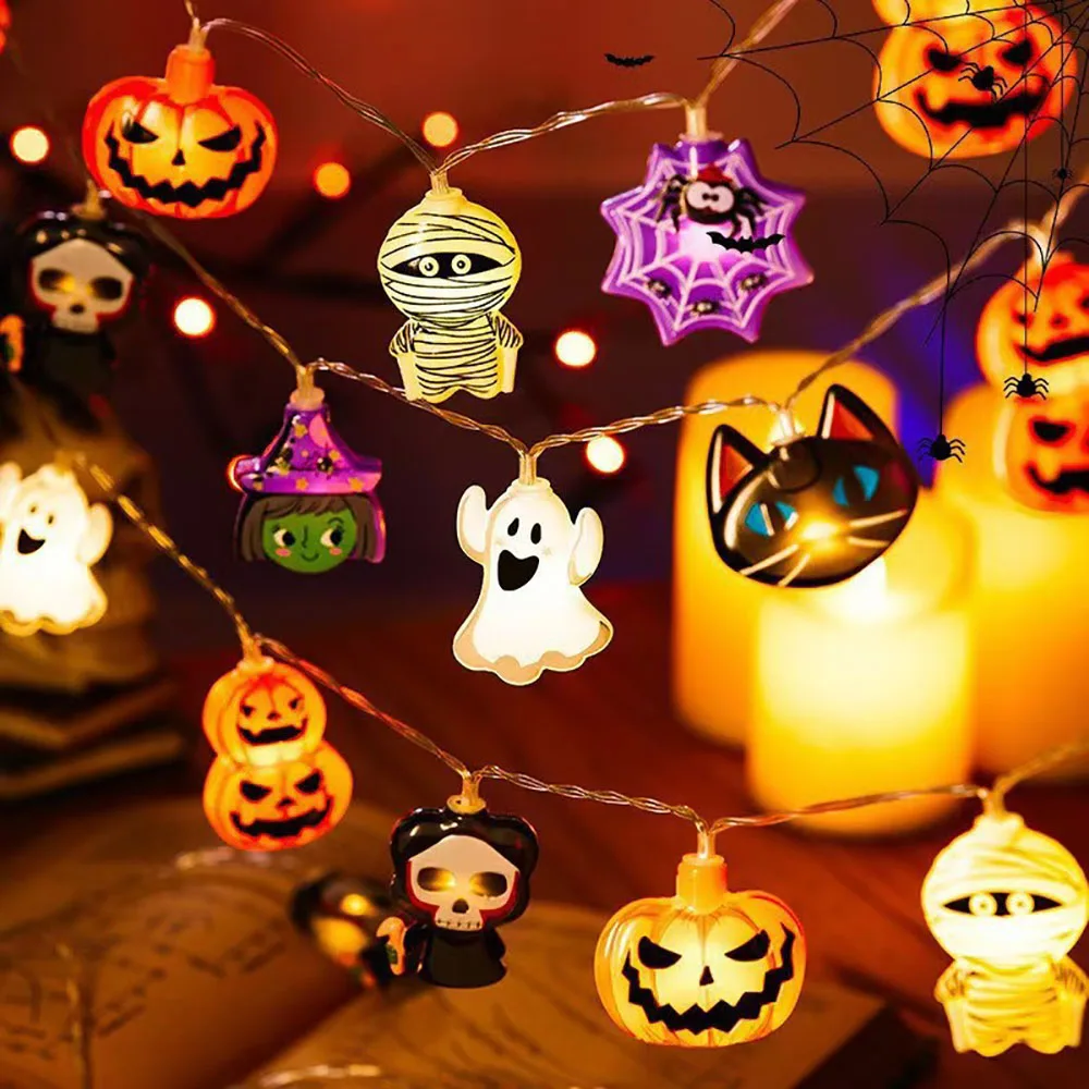 Luces de cadena LED para decoración de Halloween, lámpara colgante de telaraña fantasma de calabaza, accesorios de linterna para el hogar y al aire libre