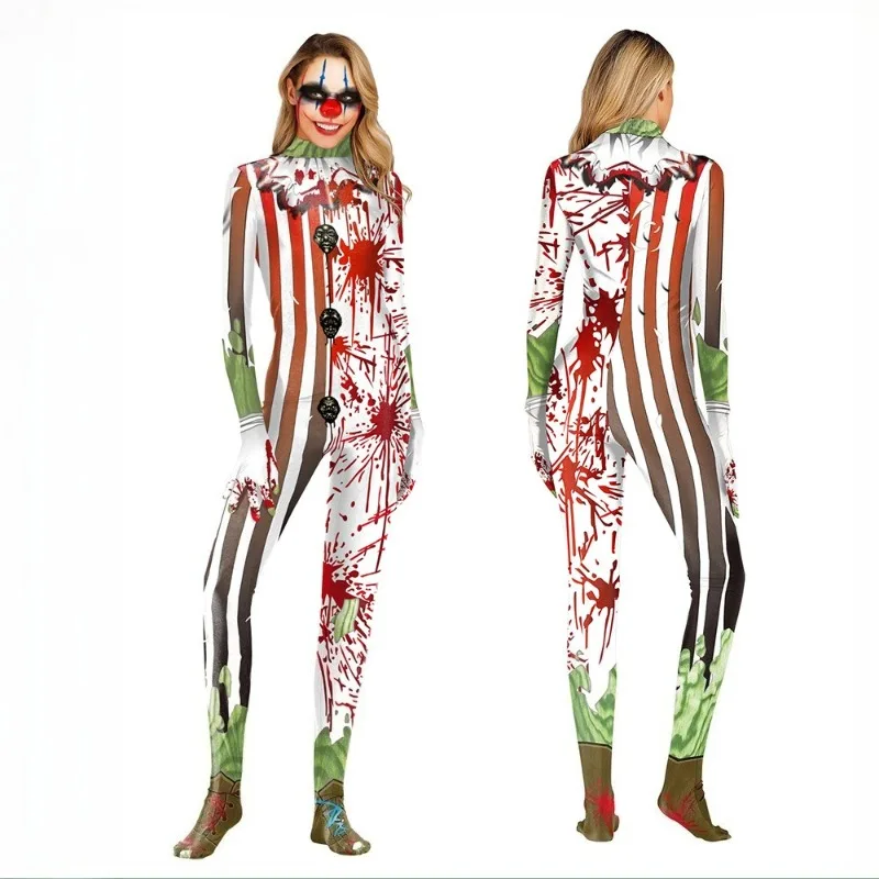 

Halloween Clown Jumpsuit Cosplay Costume Adults Men Women Tight Bodysuit Bloody Graffiti Stripes Pattern Role Play Party Outfit