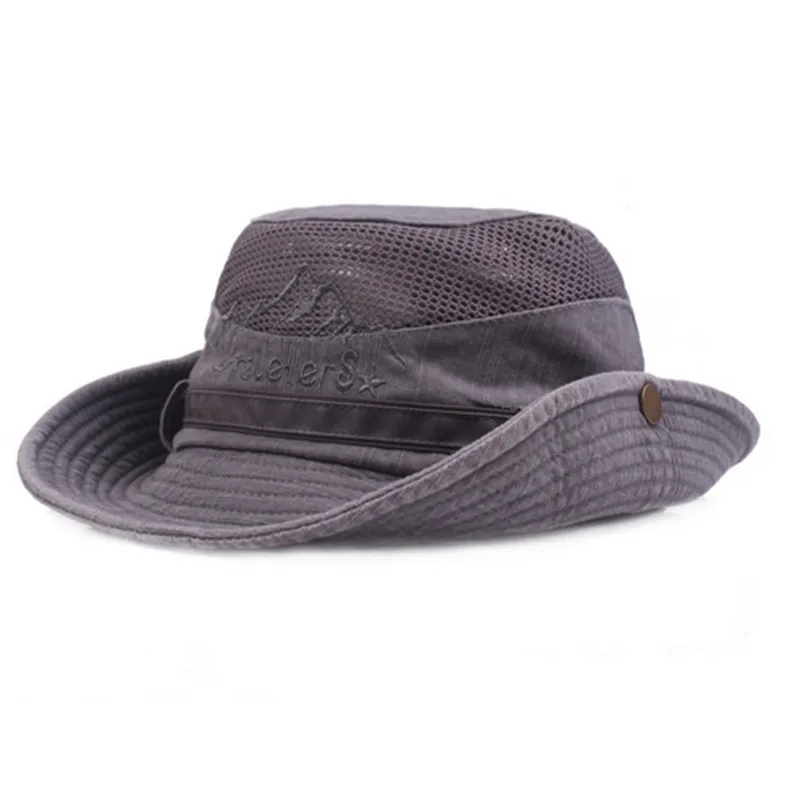 Men Bucket Cap with Adjustable Strap Letters Embroidery Pattern Fisherman Hat Hollow Out Cowboy Cap Clothes Accessories