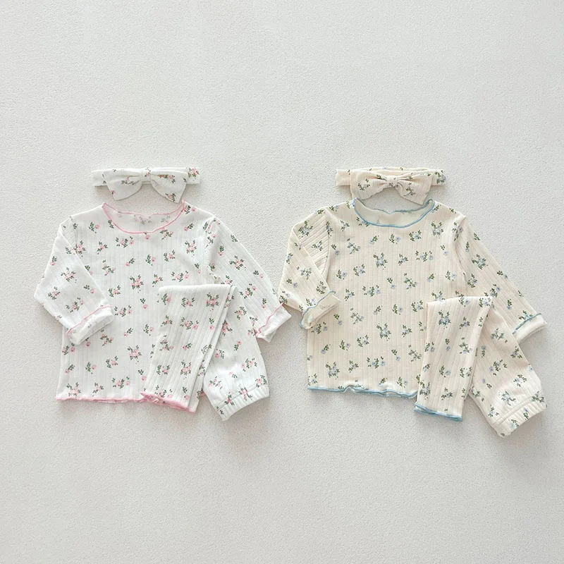 3PCS Toddler Infant Newborn Girls Sweet Loungewear 0-3Y Baby Pajamas Set Infant Pink Floral Cotton Home Wear Sleeping Suit