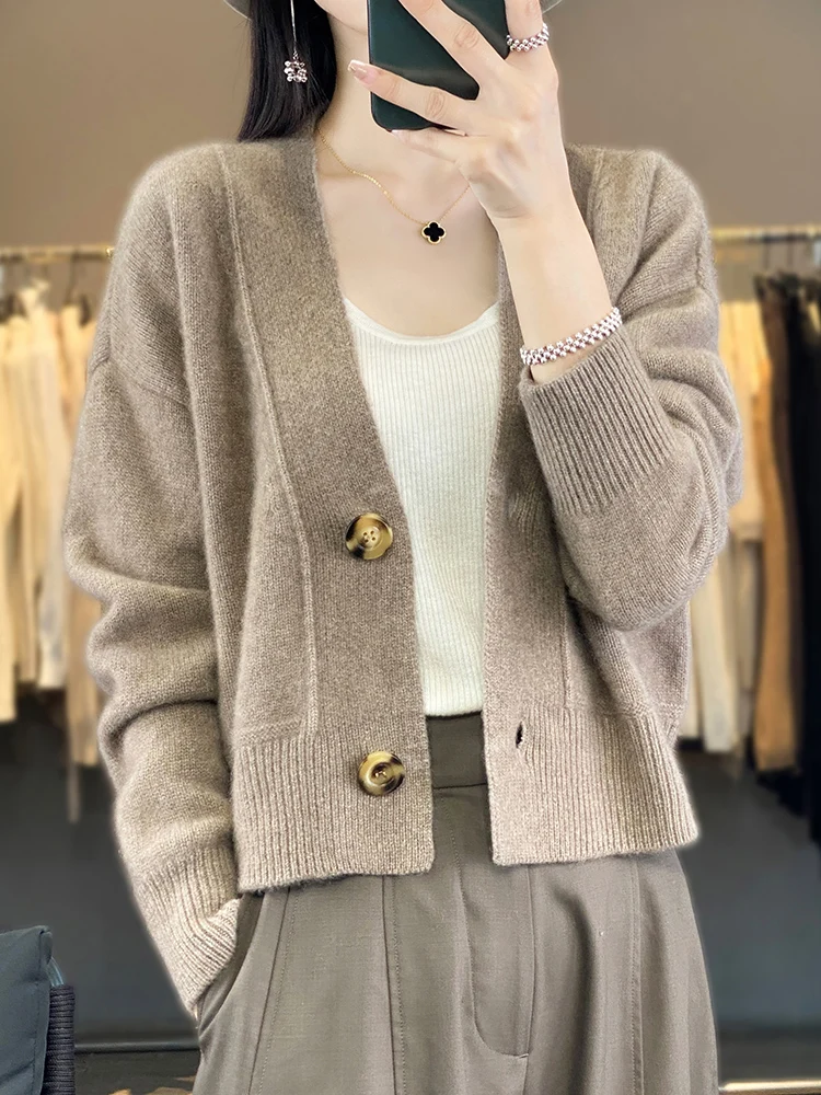 Women 100% Merino Wool Cardigan V-Neck Long Sleeve High Quality Cashmere Knitwears Autumn Winter Women\'s Sweater Vintage Tops