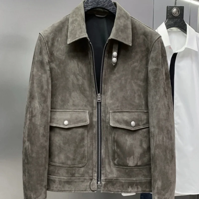 

Motorcycle-style small goat leather A2 suede jacket coat for business casual, short-sleeved workwear shirt with a collar