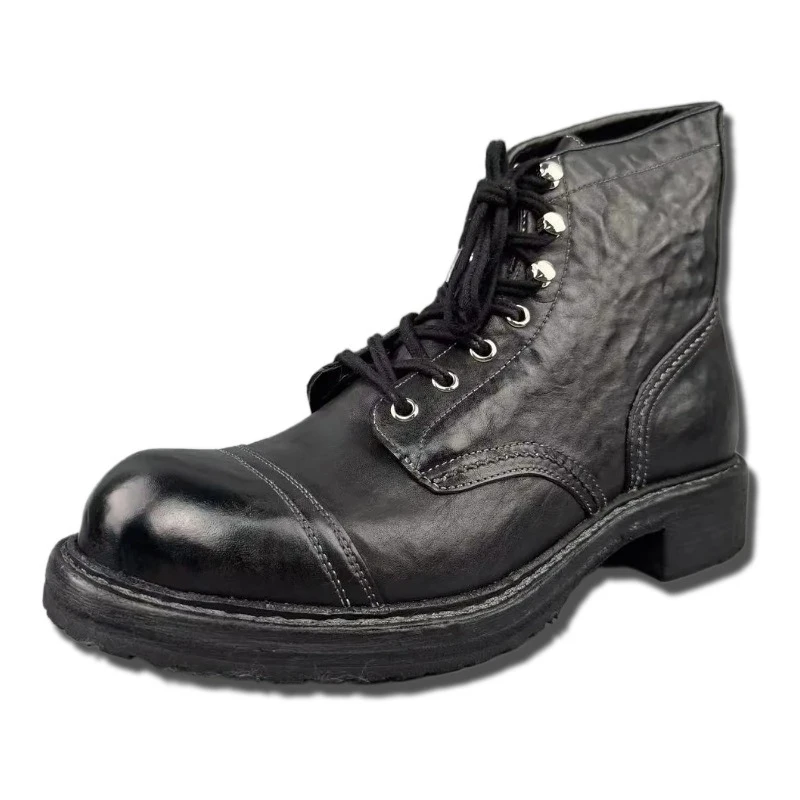 

Vintage Fashion Genuine Leather Thick Sole Work Boots Men's Shoes High Top Round Toe Cowhide Chelsea Riding Boots Male