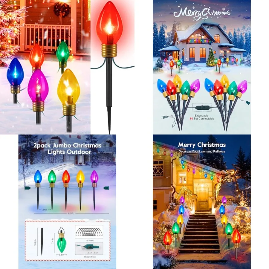 

Jumbo C9 Christmas Pathway Lights Outdoor Decorations Lawn with Stakes, Tota 17Feet 10 LED String Lights Covered Jumbo ed Walkw