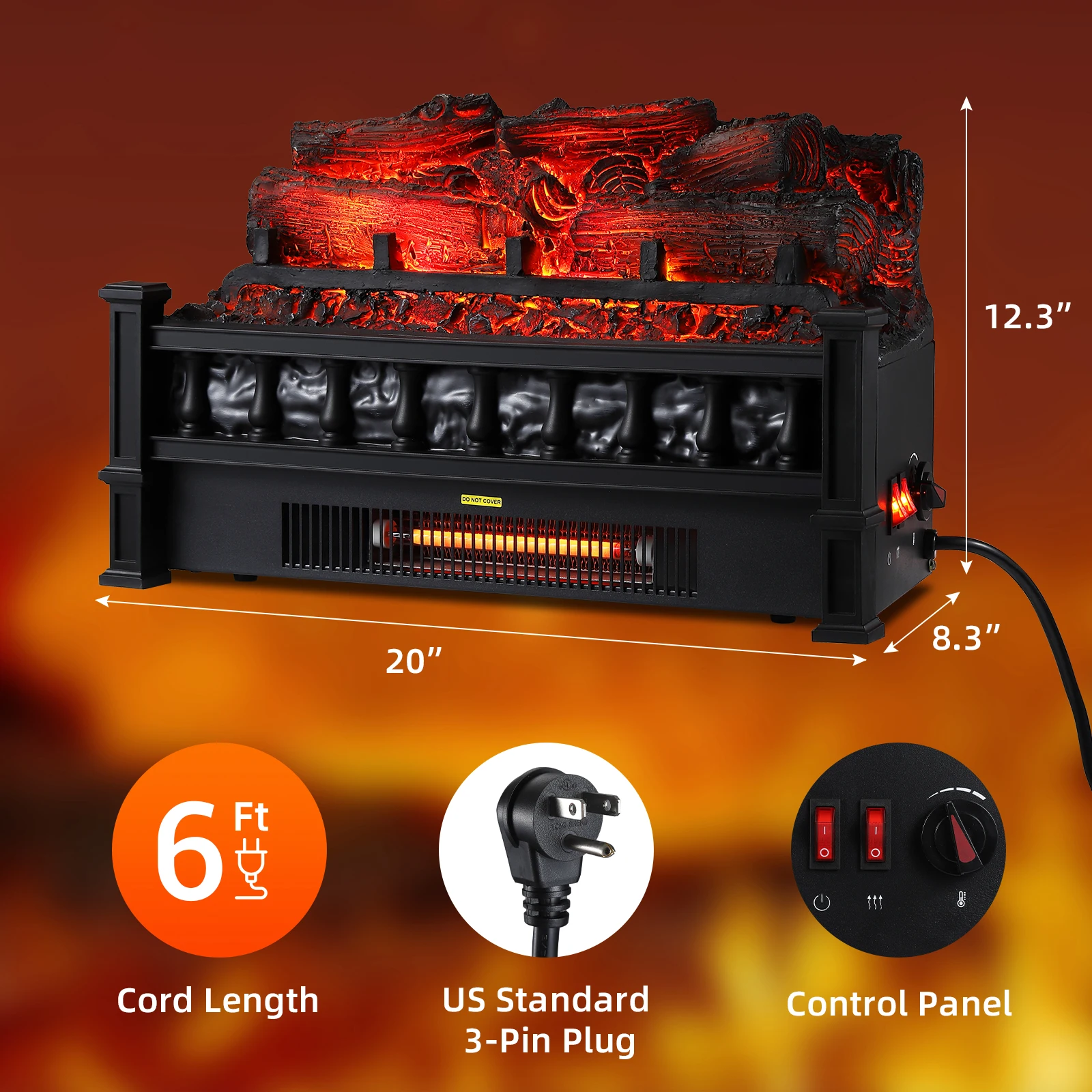 1500W Infrared Quartz Electric Fireplace Log Insert, Freestanding Heater with Realistic Flame, Adjustable Thermostat, Timer and Overheat Protection for Indoor Use
