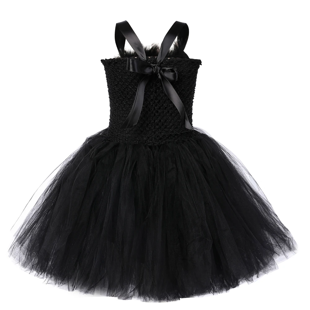 Black Dark Angel Halloween Costumes for Girls Kids Carnival Party Fancy Dress with Feathers Wings Set Children Scary Tutu Outfit