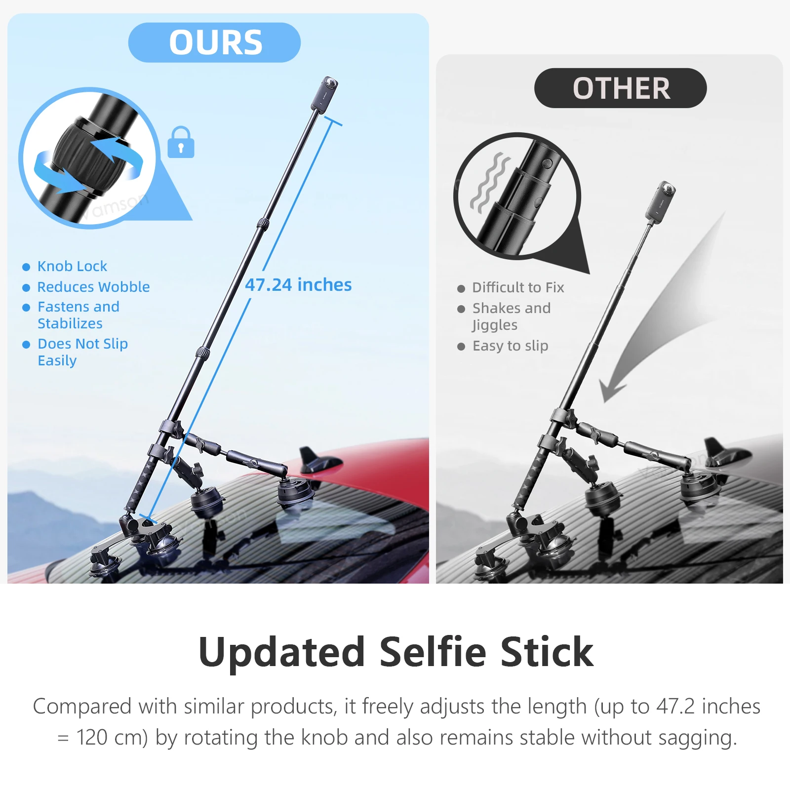 Vamson for Insta360 X4 X3 One X2 Car Suction Cup Holder with Invisible Selfie Stick Adapter for GoPro Hero 12 11 10 Accessories