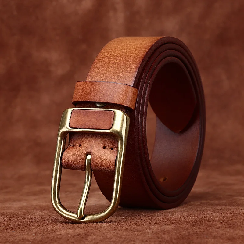 3.8CM Pure Cowhide High Quality Genuine Leather Belts for Men Brand Strap Male Brass Buckle Jeans Cowboy Cintos Luxury Designer