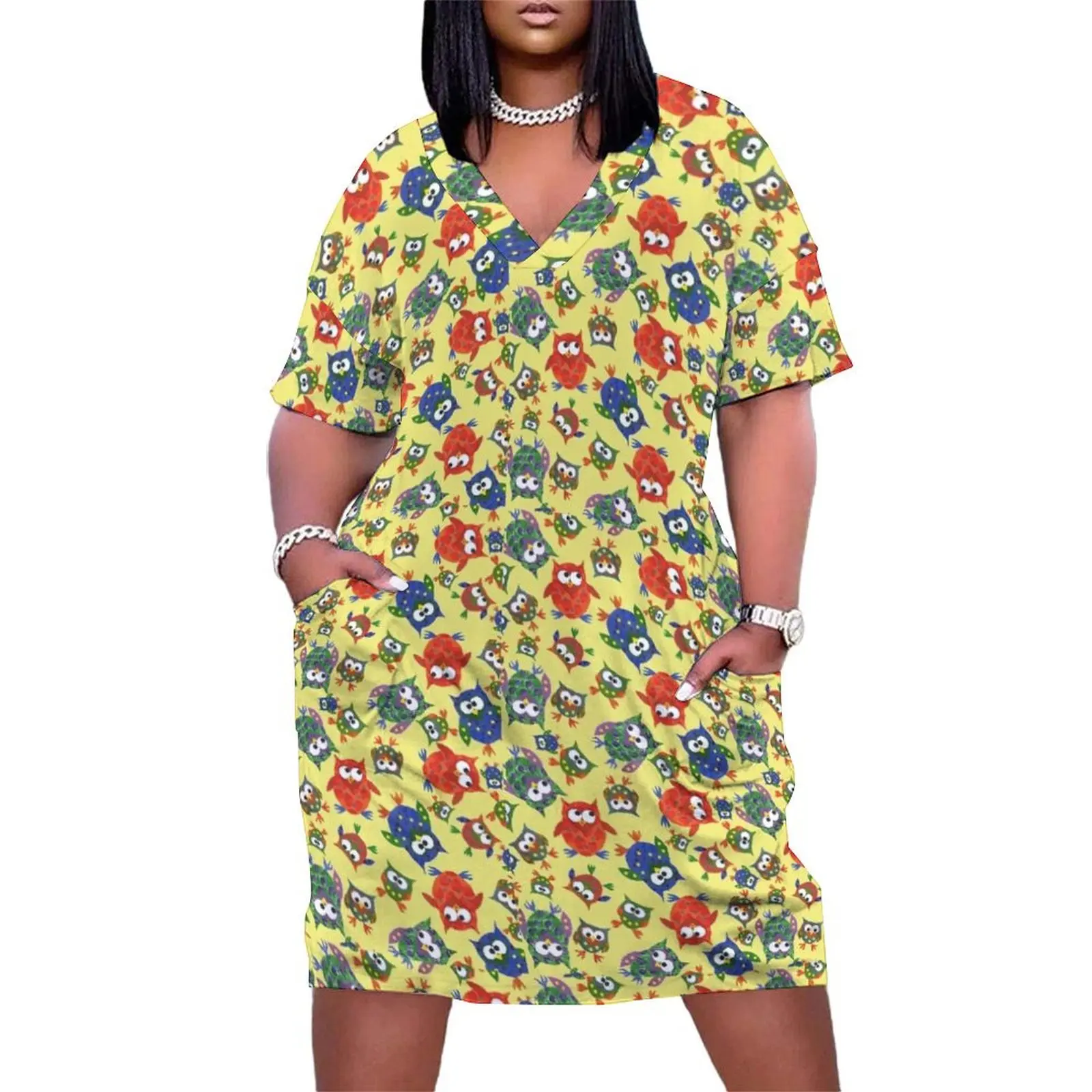 

Cute Quirky Owls on Yellow Background Loose Pocket Dress ladies dresses for women 2025 evening dresses luxury 2025