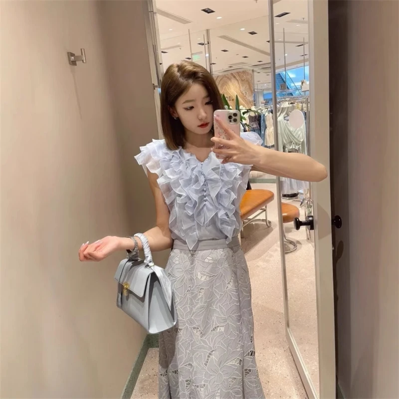 

Japanese Women's V-neck Pleated Tops Elegant Flounce Commute Sle Slim Fit Organza Chiffon Irt Summer Fashion 2025 Spring New