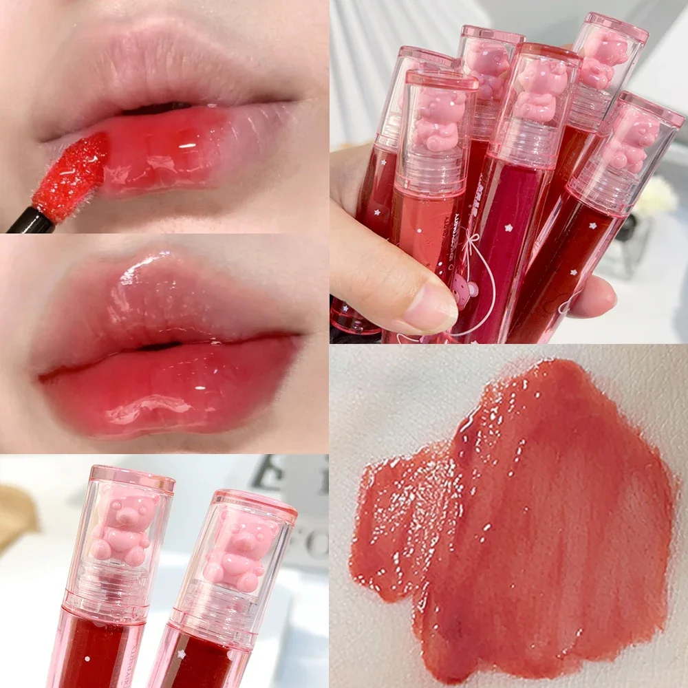 Cute Bear Pink Mirror Dyeing Lip Gloss Moisturizer Liquid Lipstick Waterproof Long Lasting Pink Lip Tint trucco coreano cosmetico