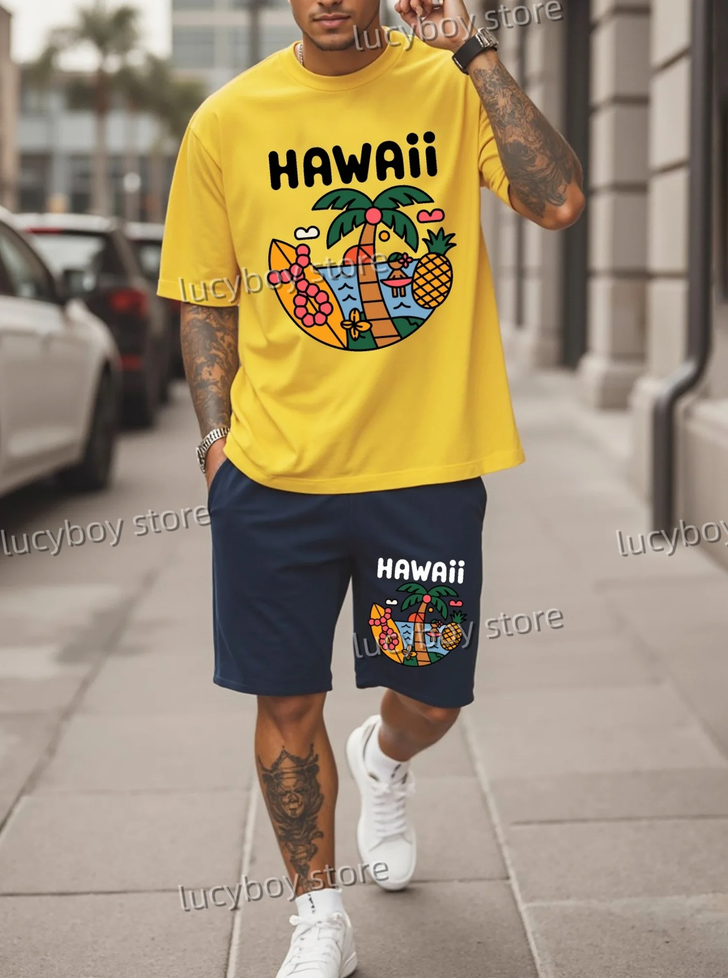 Conjunto de camiseta de manga corta de gran tamaño hawaiano para hombre, ropa de talla grande a la moda, conjunto de chándal para hombre, conjunto de ropa de verano de gran tamaño de 2 piezas