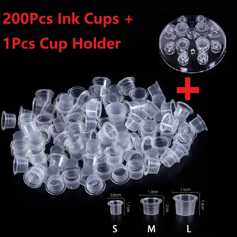 Microblading Tattoo Ink Container Set 200Pcs Disposable Plastic Pigment Cups + 1Pcs Acrylic Cup Holder Permanent Tattoo Accesory