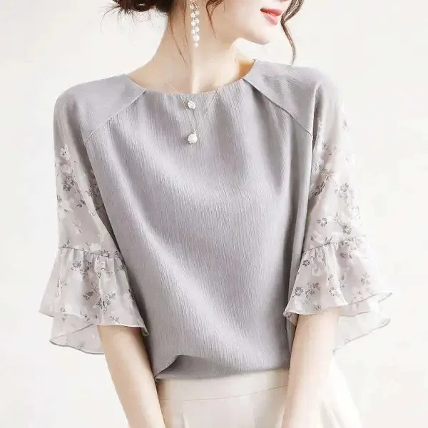 2026 New Circular Neck Printed Patchwork Mid-sleeve Top, Discreet And Elegant Loose Chiffon Blouse Maxi Elegant Clothes Luxury
