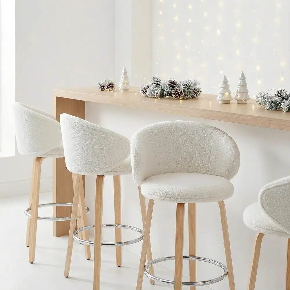 

Set of 3 White Upholstered 26 Inch Counter Stools with Footrest and Wood Legs for Kitchen Island or Dining Room