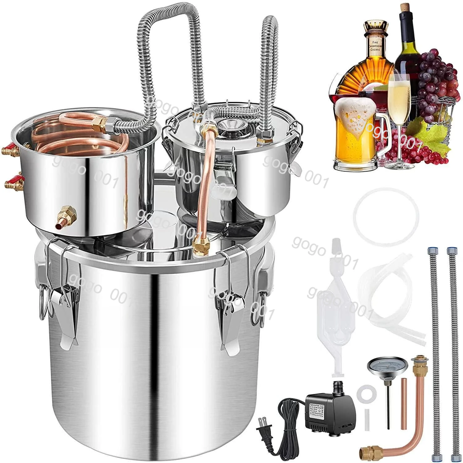 Kit de destilador casero de 5 litros, alcohol para vino/brandy de frutas, fabricante de aceite esencial y hidrosol con elva de fermentación