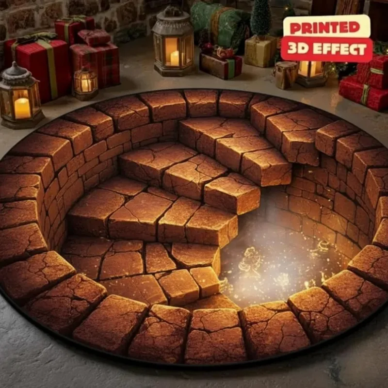 Golden Glow 3D Illusion Rug Christmas Pit Hole Carpet Cozy Warm Holiday Decor Mat Unique Xmas Gift Home Decoration
