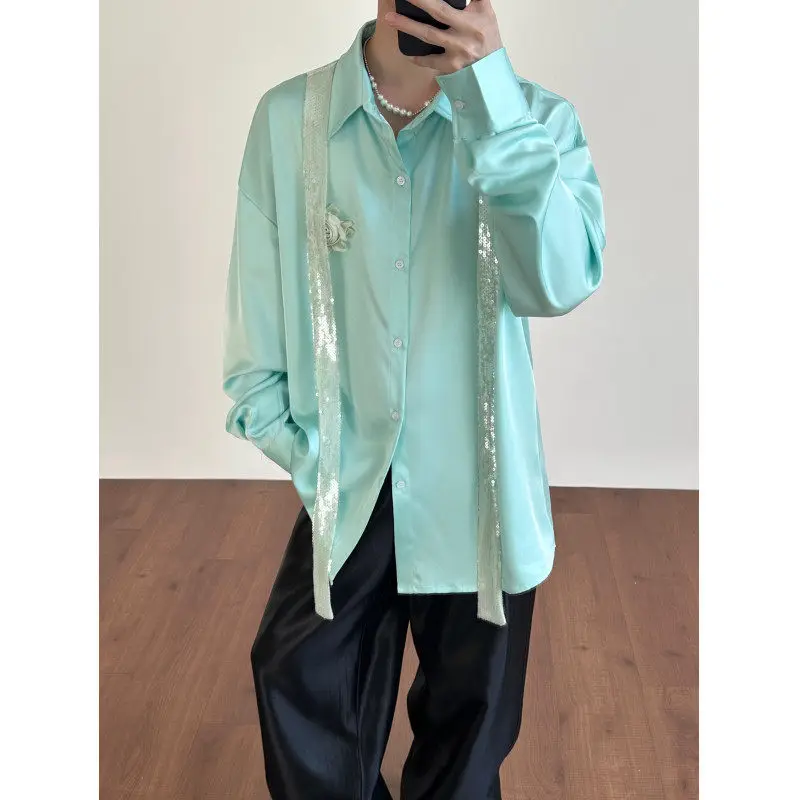 

Acetate Satin Loose Men's irt with Stage Sparkle Bow Tie Spring Design Floral Pattern Stand Fit Summer Youth Faion
