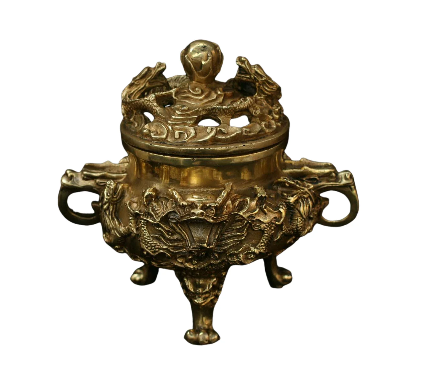 

Chinese Buddhism Temple Bronze Brass Lion Dragon Statue Incense Burner Censer