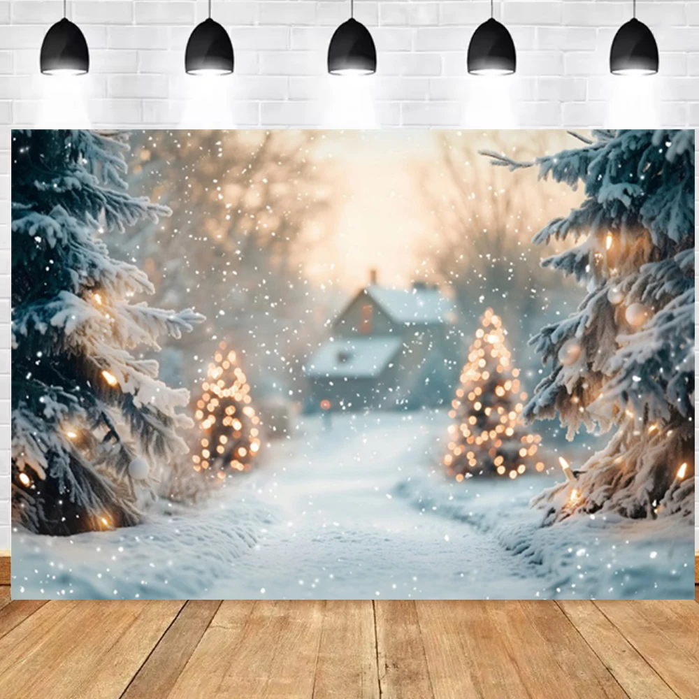 خلفية الشتاء في الهواء الطلق مشهد سنوفيلد ثلجي الصنوبر الغابات منزل استحمام الطفل ديكور الحفلات الكبار صورة التصوير الخلفية