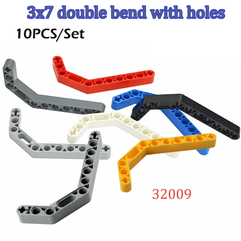 

10 шт. 7x3 двойной изогнутый толстый луч, технология деталей, строительный блок с отверстием для болта вала, подъемный рычаг MOC 32009, аксессуары для кирпичей
