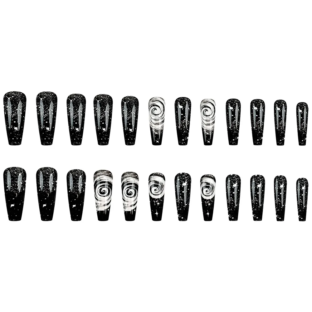 10pcs Long Ballet Fake Nails Handmade Black False Nail with Swirling Stars Design Nail Art Unique Cool Full Cover Press on Nails