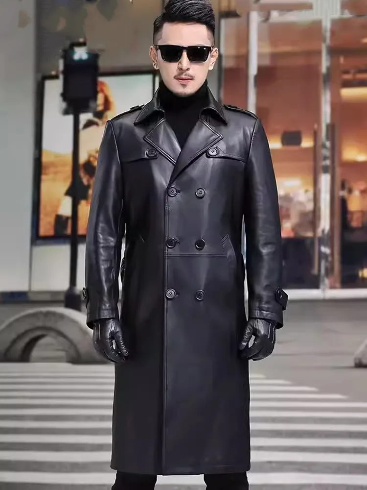 Slim Fit Work Trench Coat Business Men Double Breasted Long Sheepskin Genuine Leather Jacket Luxury Natural Leather Jackets 5XL