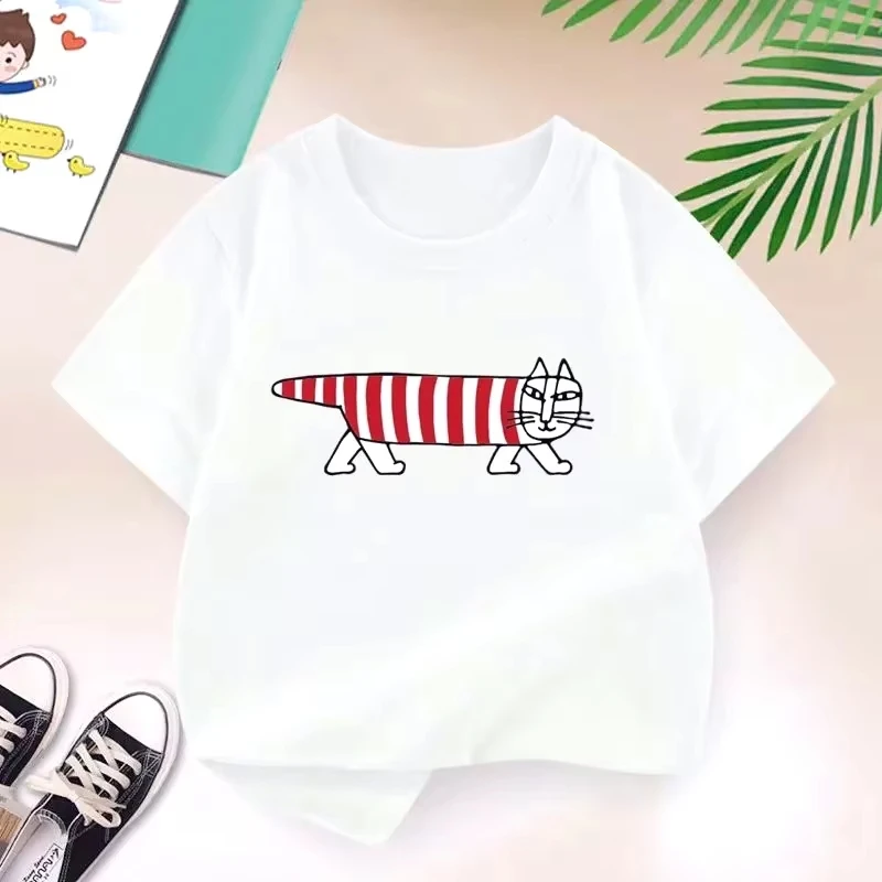 Cat Printed Children's T-shirt Wearing Striped Sweater, New Summer Fun Top, Short Sleeved Parent-child Round Neck T-shirt