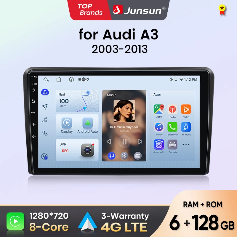 Autoradio Junsun pour Audi A3 8P 2003 2004 2005 2006 - 2013 CarPlay Android Auto FM RDS DSP BT GPS Navi SWC Écran tactile HD IPS Plug & Play Lecteur multimédia Appel mains libres Style voiture d'origine