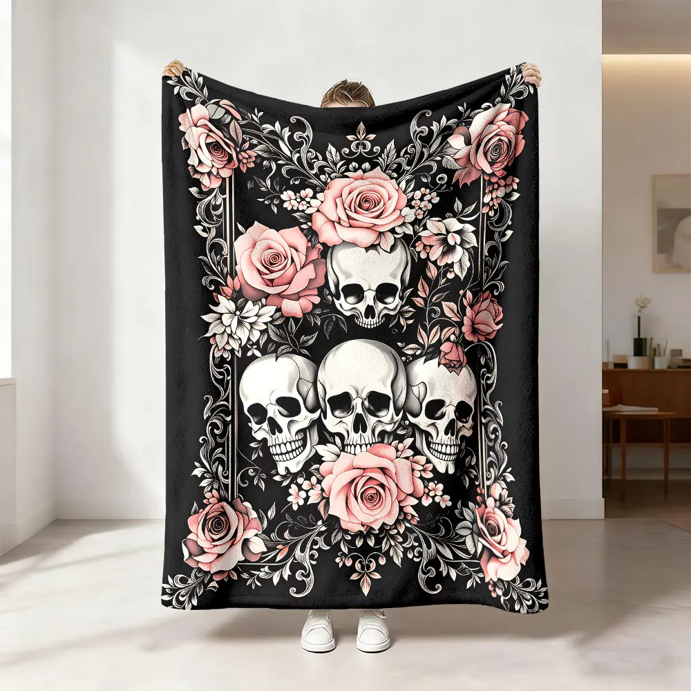 1pc retro skull pink rose pattern flannel blanket, suitable for leisure sofas and napping during breaks