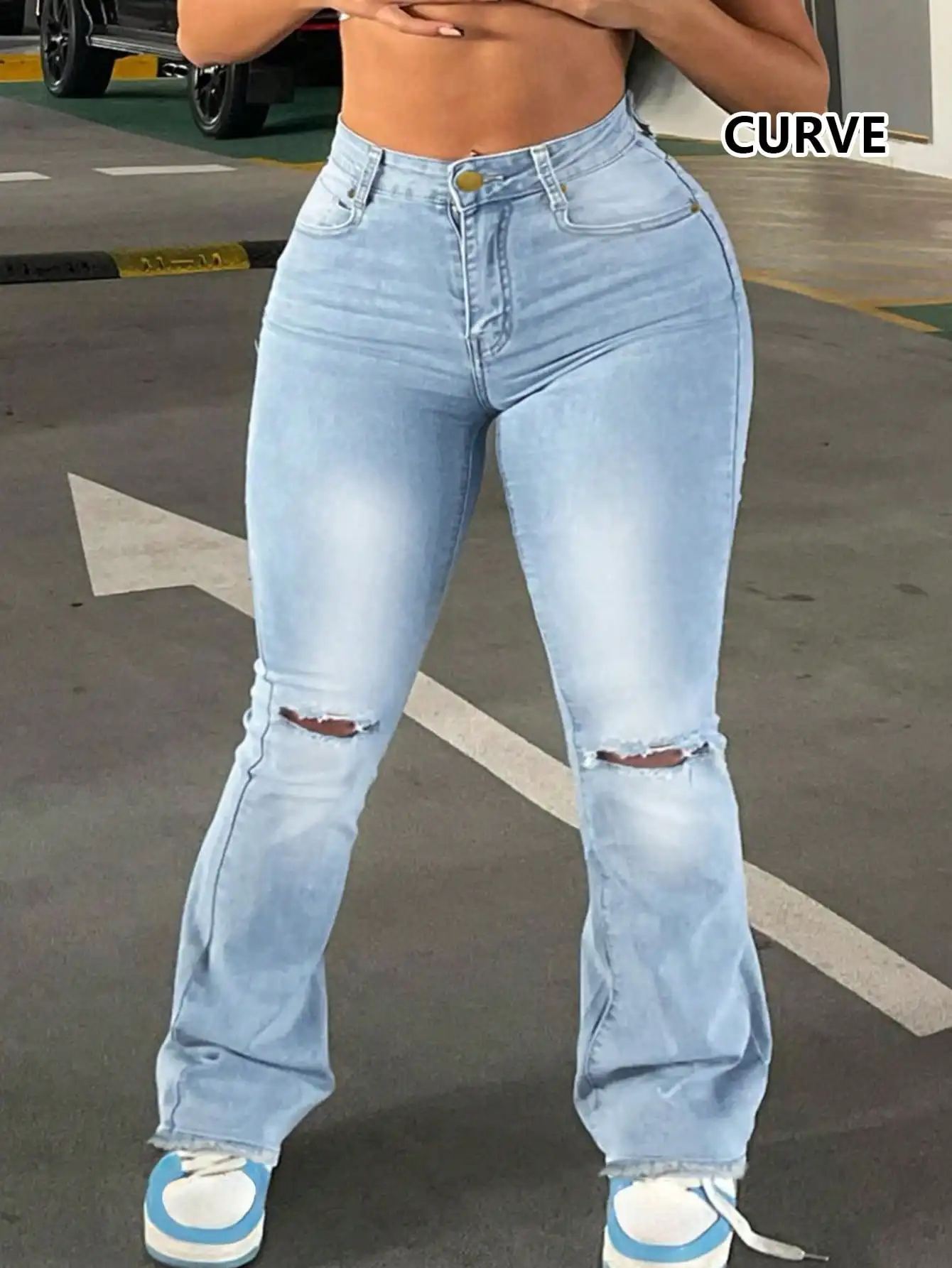 

Женские джинсы-клеш с высокой талией, рваные, эластичные, повседневные, модные